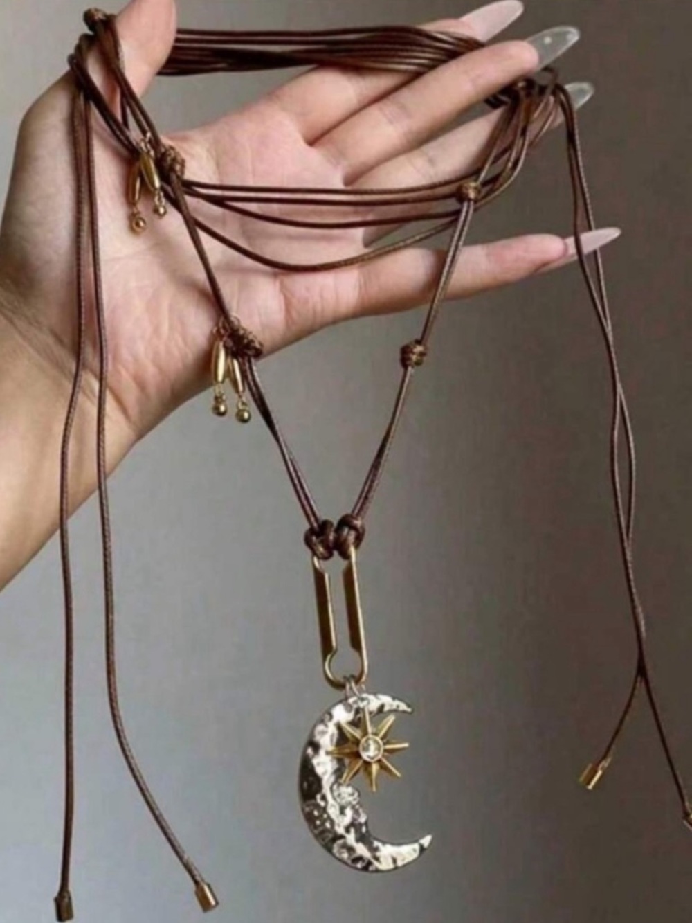 Gold Moon & Star Pendant on Brown Cord Necklace